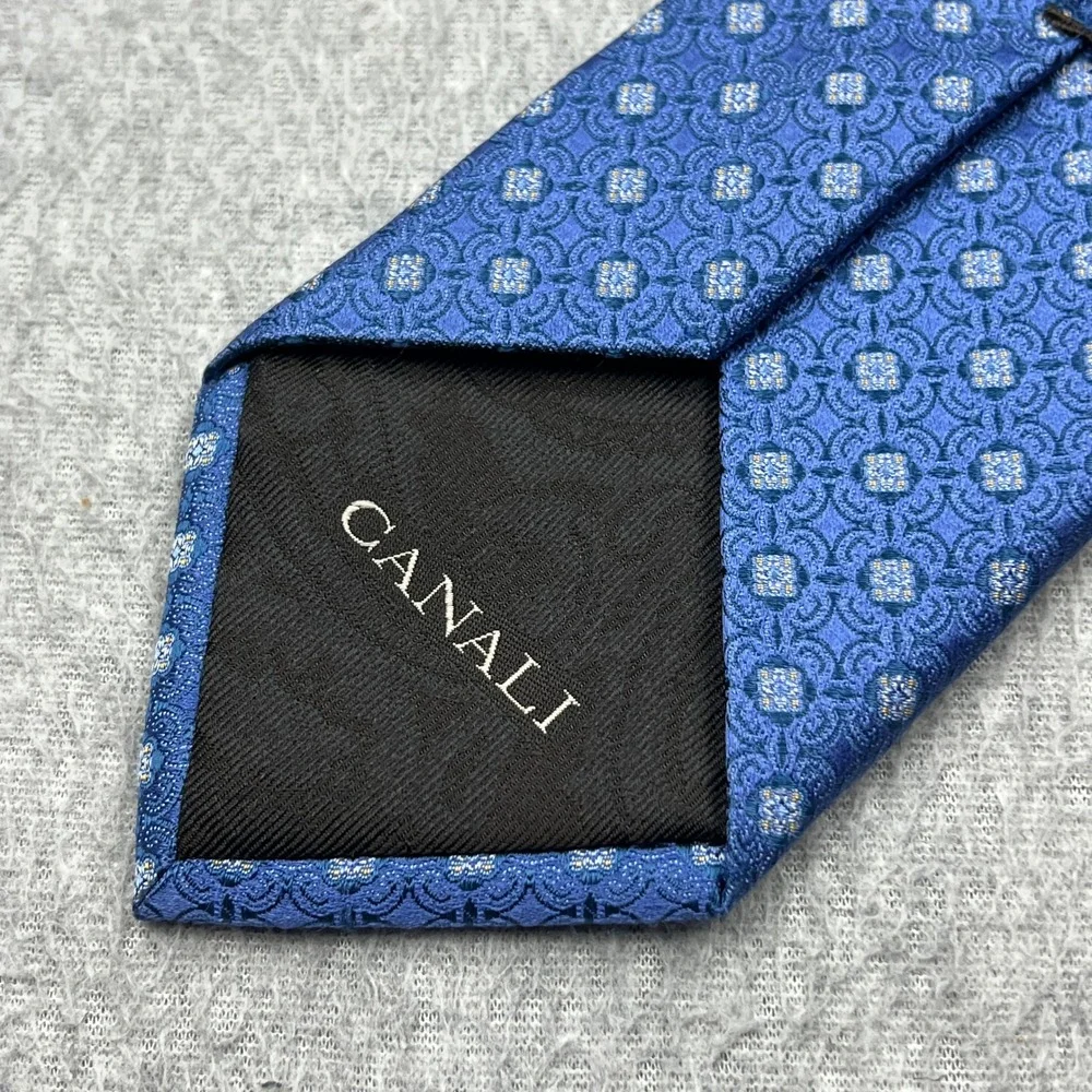 Canali 100% Silk Tie Blue Geometric Jacquard Woven Necktie Made in Italy Luxury